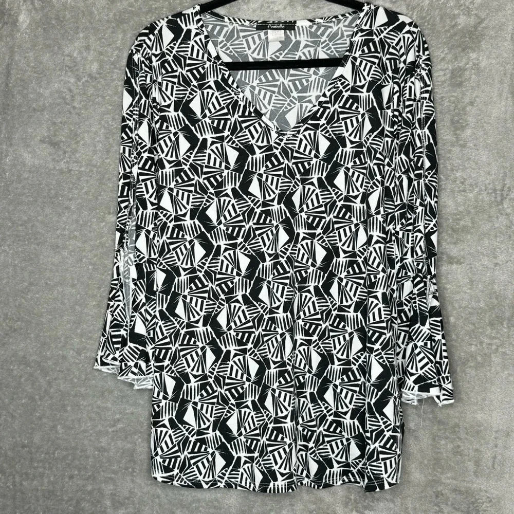 Arabella 3X Shirt Top Black Geometric Split Bell 3/4 Sleeve V Neck Stretch Women